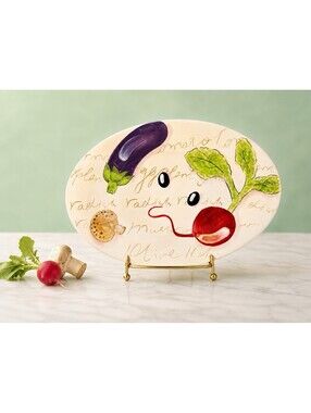 Nantucket Home 1990s Oval Platter Vegetable Artwork Face Design Ceramic, 10x7”
